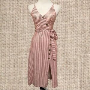 Red striped button down midi dress